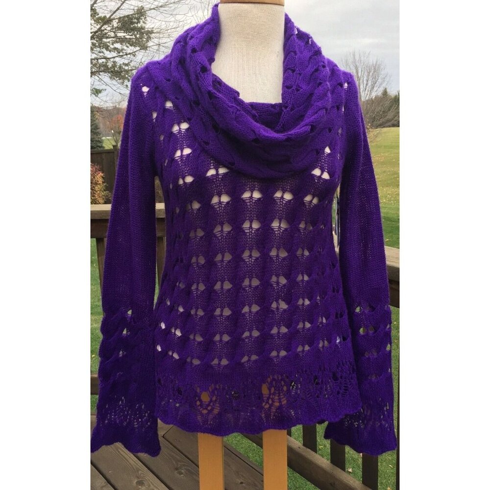 Nine West Womens Sweater sz XS Plum Purple Cowl Neck Open Thin Knit Long Sleeve - Picture 12 of 12